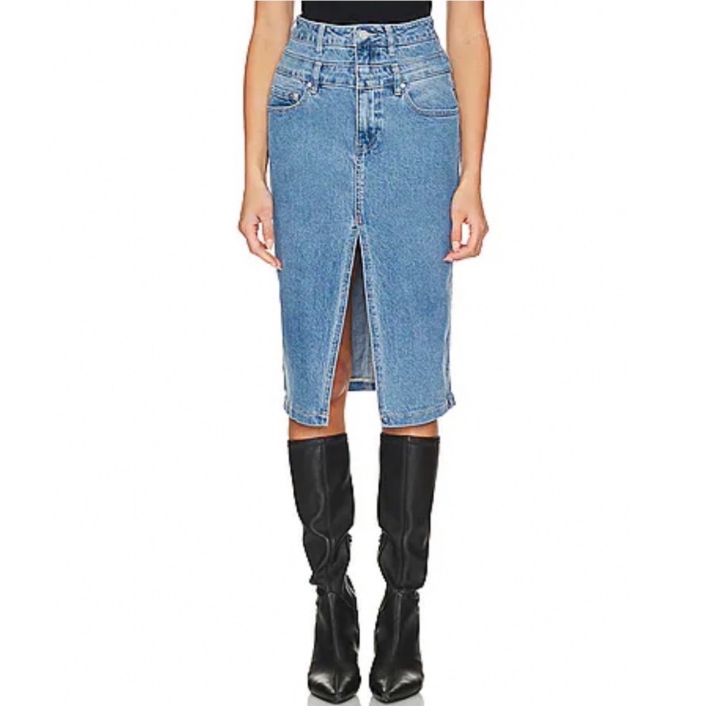 AFRM Revolve Maison Denim Skirt Women 27 Blue Streetwear Double Yoke Front Slit